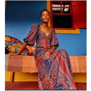 Farm Rio Anthropologie‎ Macaw Arabesque Midi Dress Puffed Sleeves Boho Sz XS